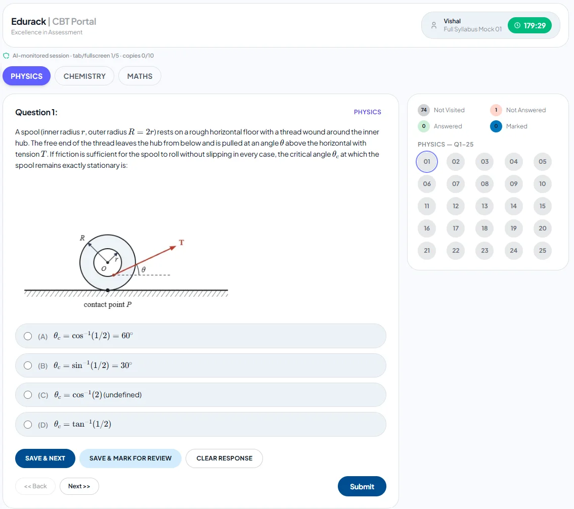 Edurack CBT Simulator interface showing a live JEE Main mock test with physics question and question palette.