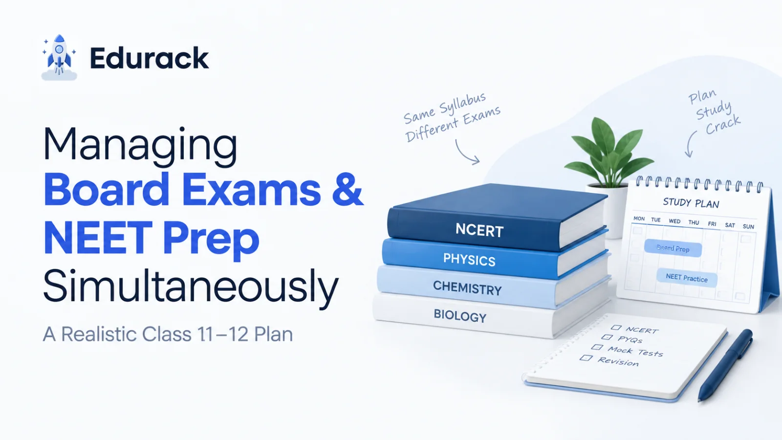 Student studying with NCERT textbooks and a board exam timetable side by side, planning NEET and boards together