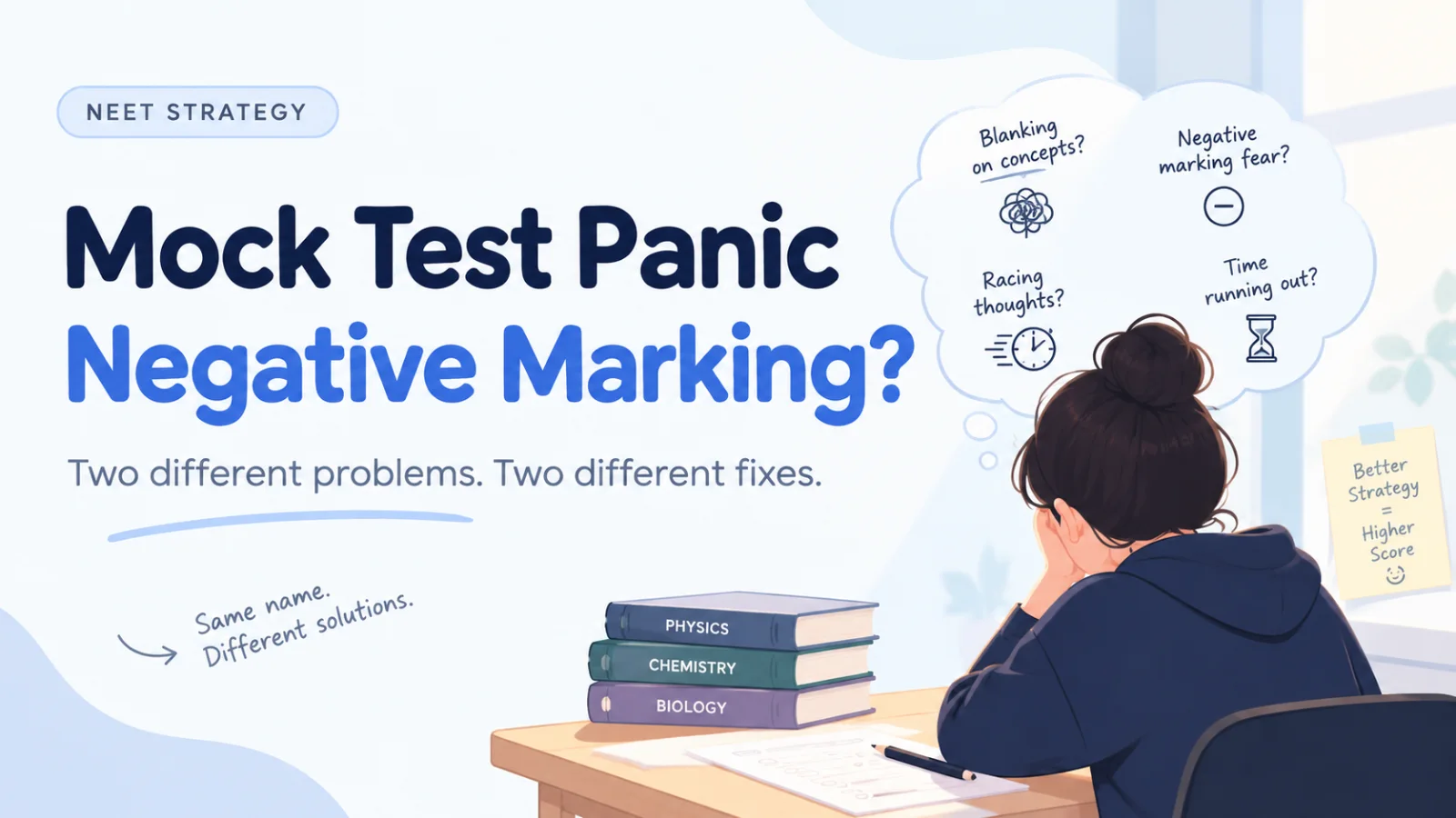 Student mid-mock-test looking anxious at an OMR sheet, representing NEET mock test panic and negative marking fear