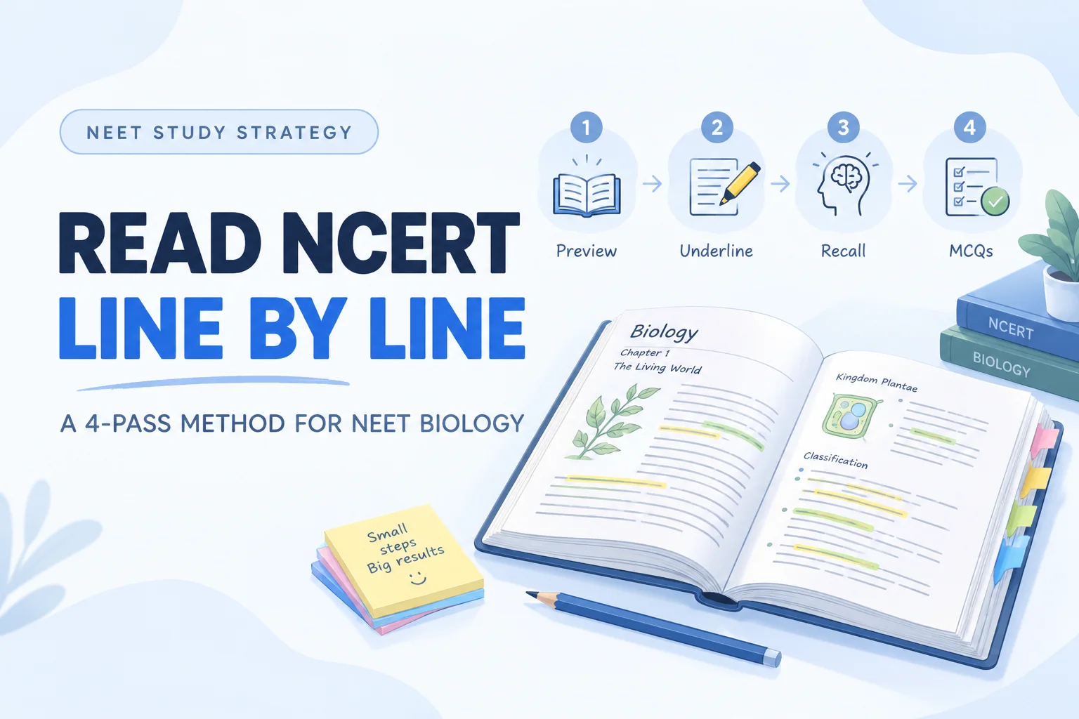 Highlighted NCERT Biology textbook page with sticky notes, representing line-by-line NCERT reading for NEET