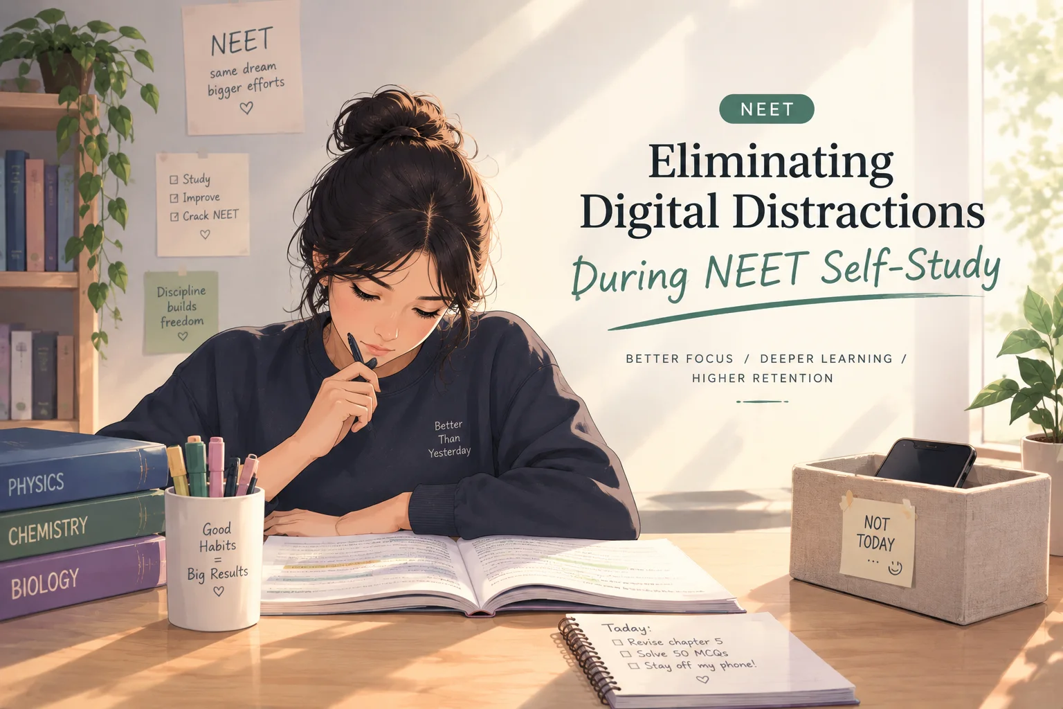 Phone with notifications locked away in a drawer next to an open NEET study book, representing eliminating digital distractions during self-study